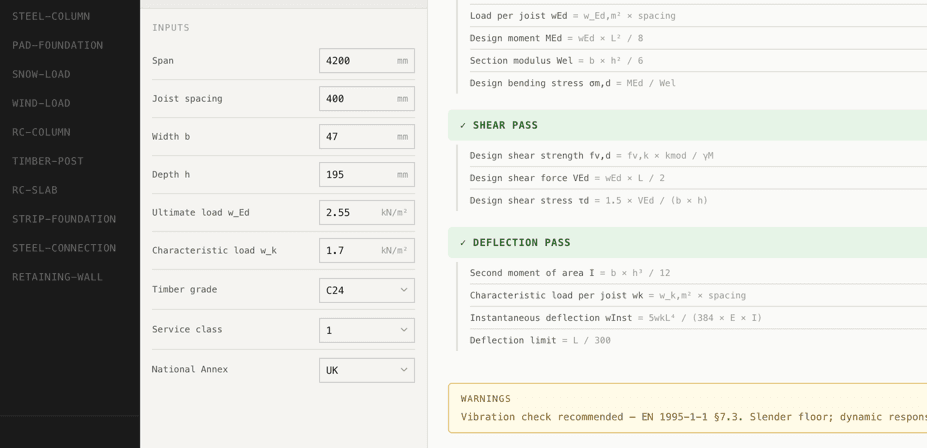 Eurocode calculation preview showing cited clauses and results